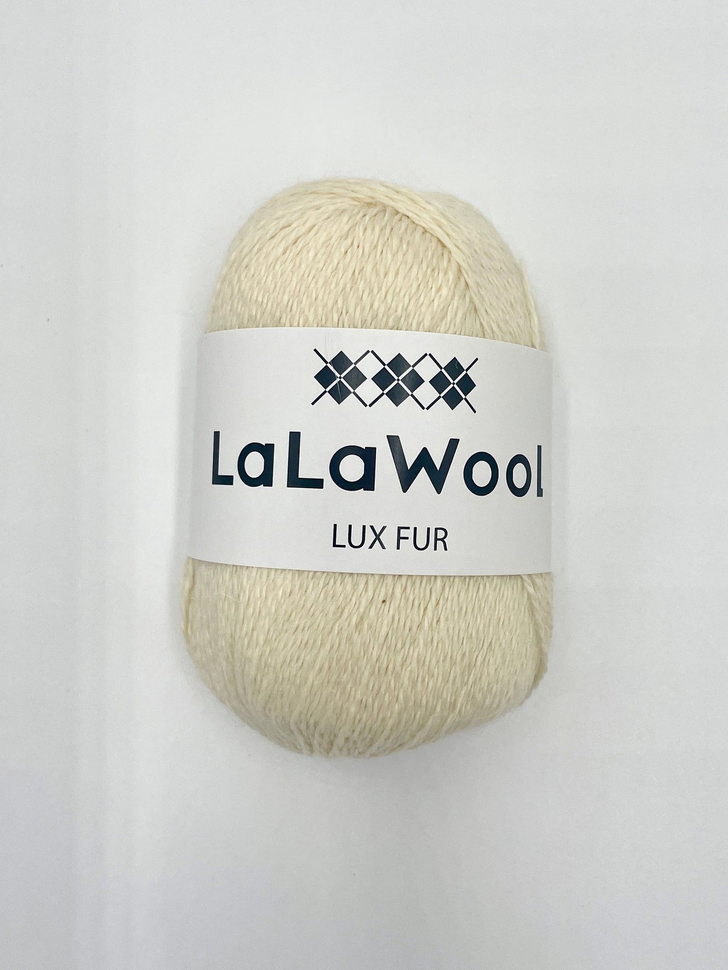 Angora Fingering Yarn Lux Fur in Icing Beige Colour, top view of one skein with LaLaWool tag, white background