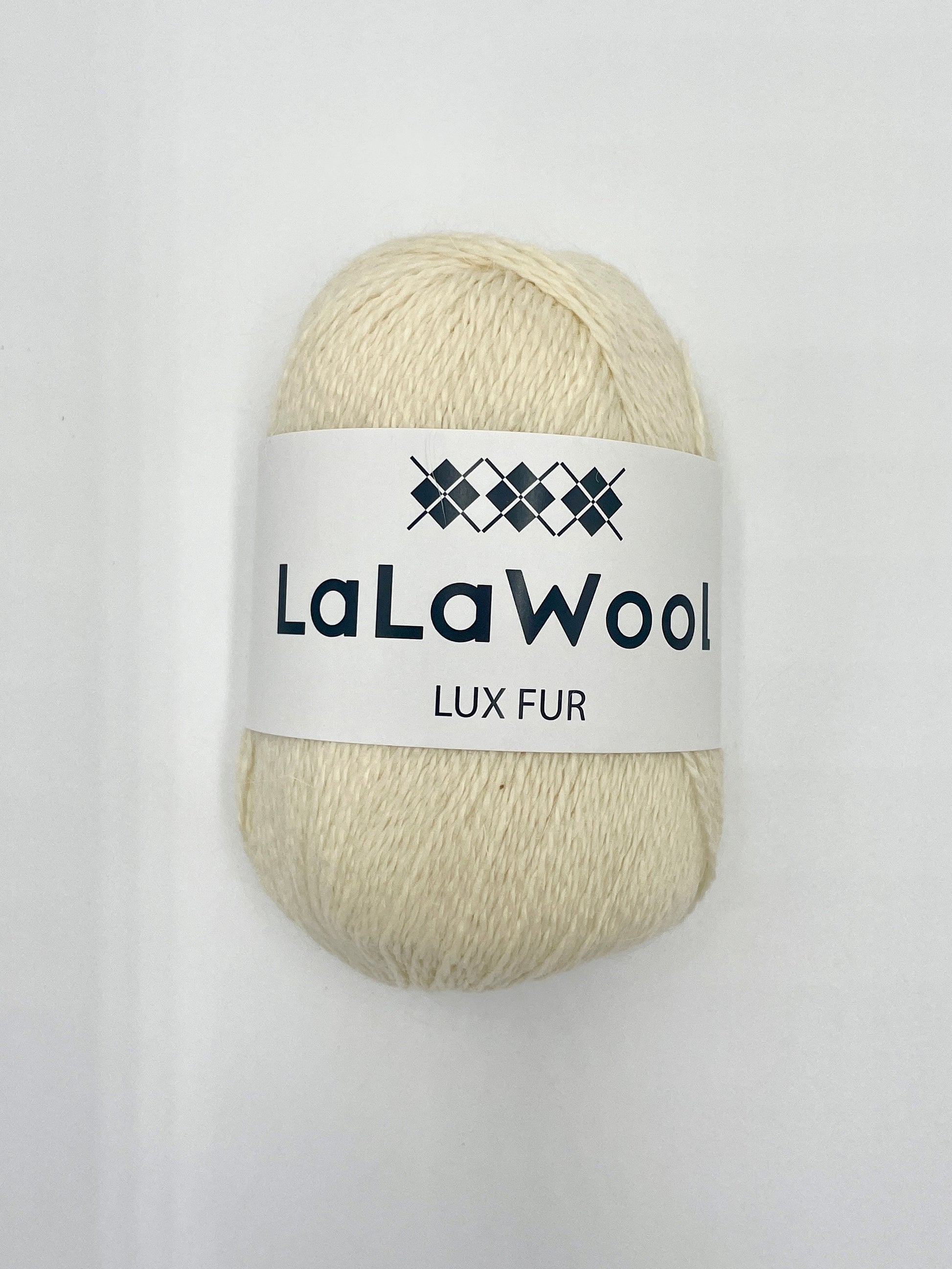 Angora Fingering Yarn Lux Fur in Icing Beige Colour, top view of one skein with LaLaWool tag, white background