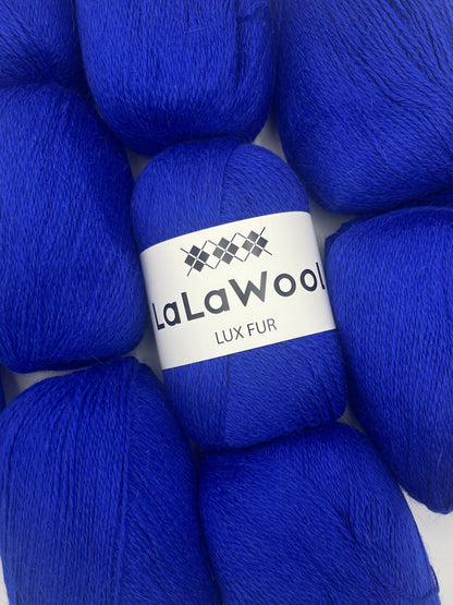 Angora Fingering Yarn Lux Fur in Cobalt Blue Colour, top view with multiple skeins with LaLaWool tag, white background