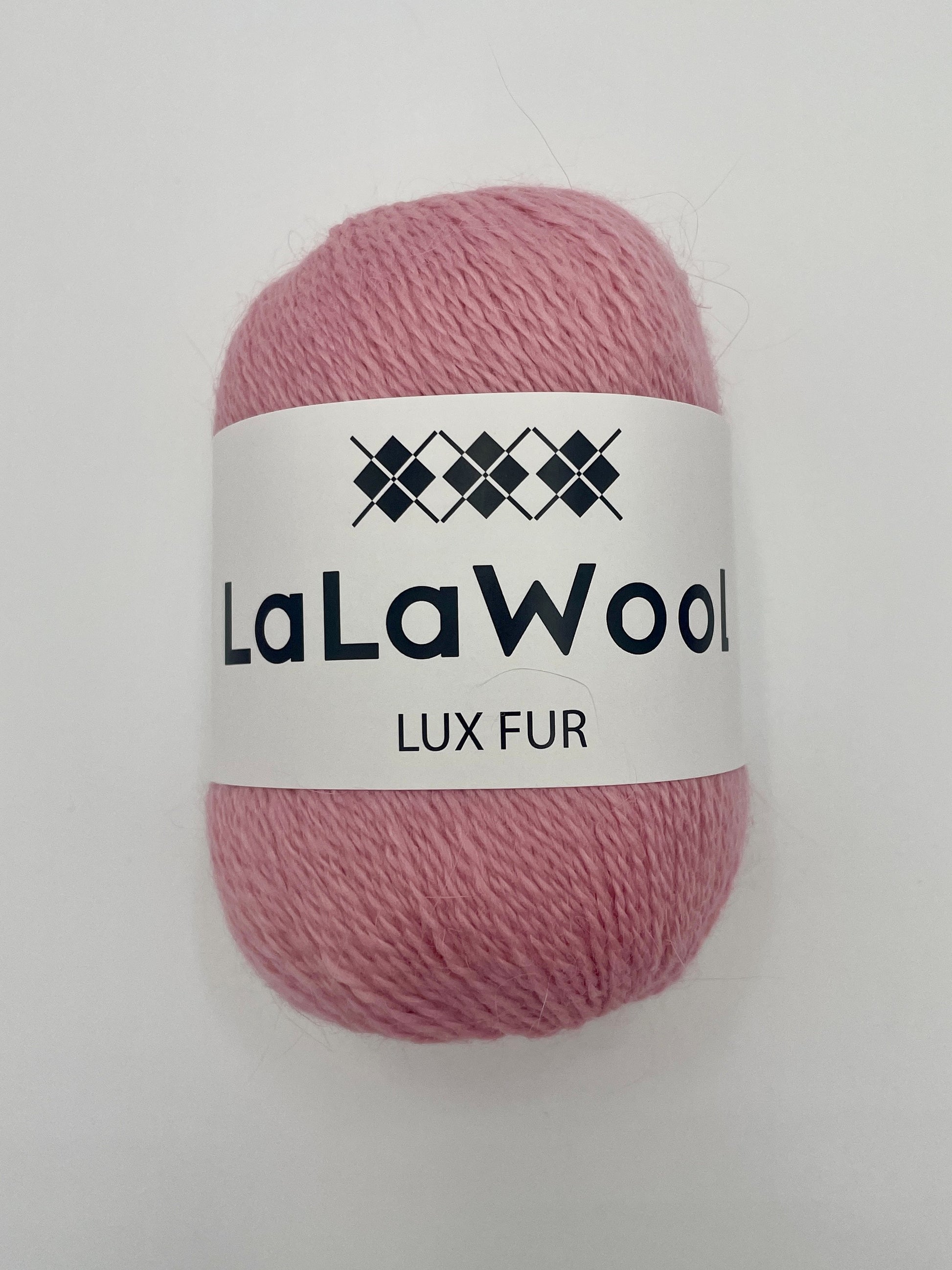Angora Fingering Yarn Lux Fur in Cherry Blossom Pink Colour, top view of one skein with LaLaWool tag, white background