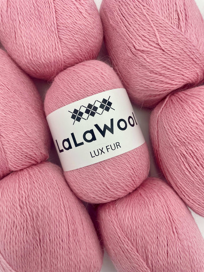 Angora Fingering Yarn Lux Fur in Cherry Blossom Pink Colour, top view with multiple skeins with LaLaWool tag, white background