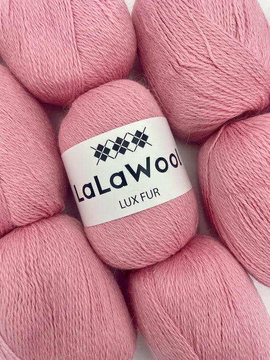 Angora Fingering Yarn Lux Fur in Cherry Blossom Pink Colour, top view with multiple skeins with LaLaWool tag, white background