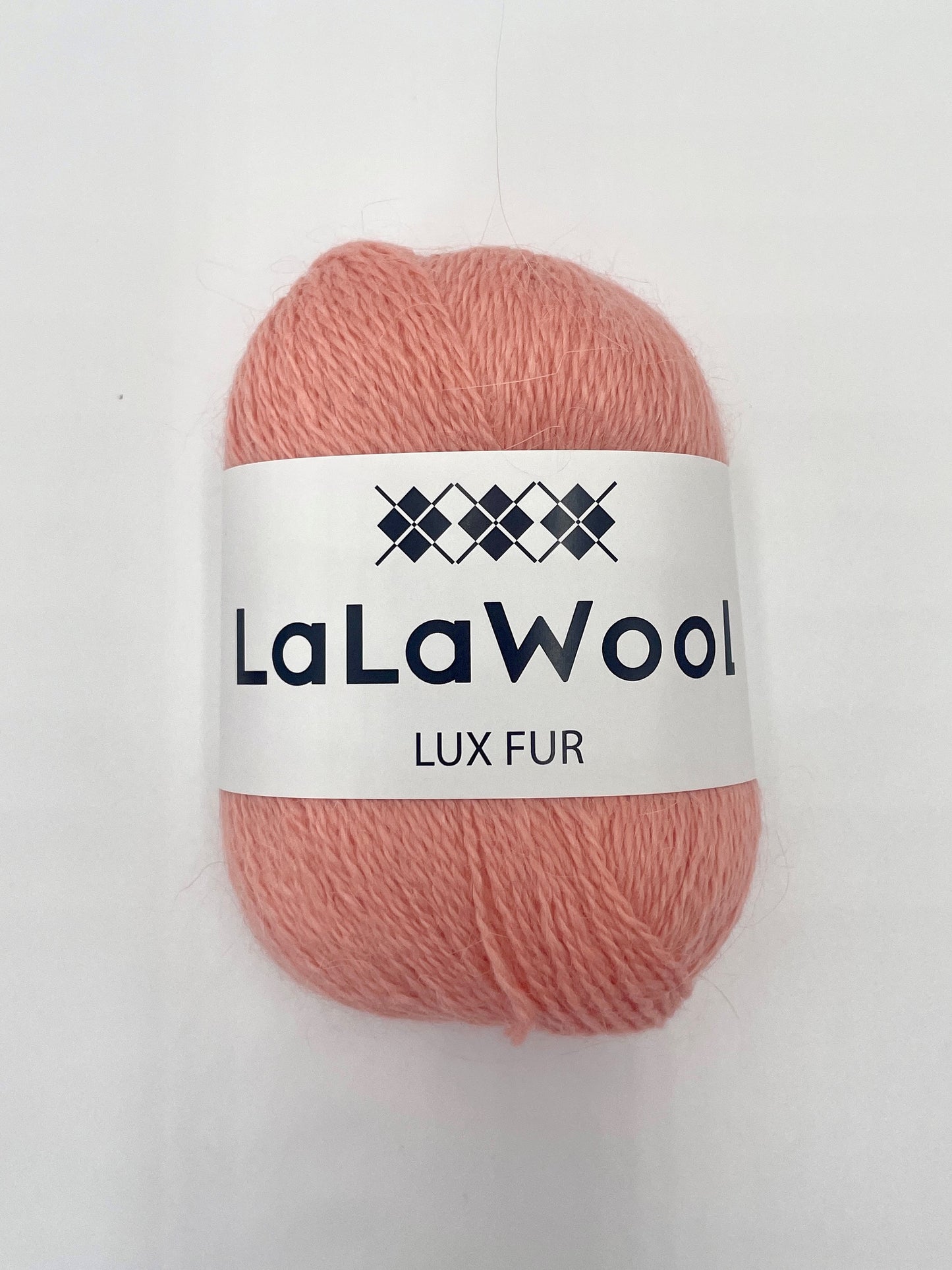 Angora Fingering Yarn Lux Fur in Peach Pink Colour, top view of one skein with LaLaWool tag, white background