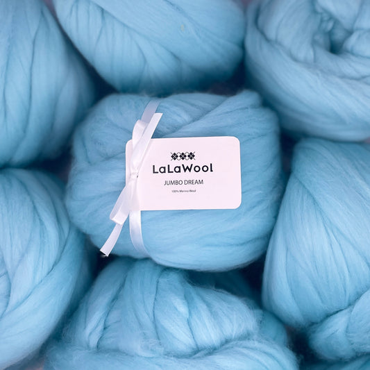 100% Australian Merino Chunky Jumbo Dream Blue Sky Yarn, top view with multiple balls