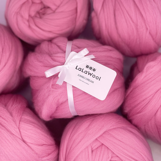 100% Australian Merino Chunky Jumbo Dream Pink Blush Yarn, top view with multiple balls
