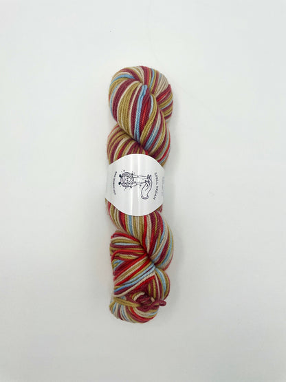 100% Australian Merino Spell Dream Worsted Yarn in Fireworks Multicolour, top view of one skein with LaLaWool tag