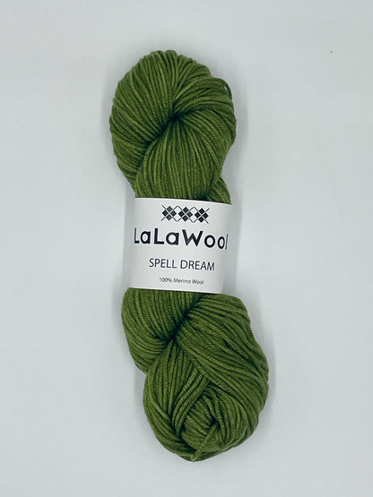 
100% Australian Merino Spell Dream Worsted Yarn in Green Sage Colour, top view of one skein with LaLaWool tag