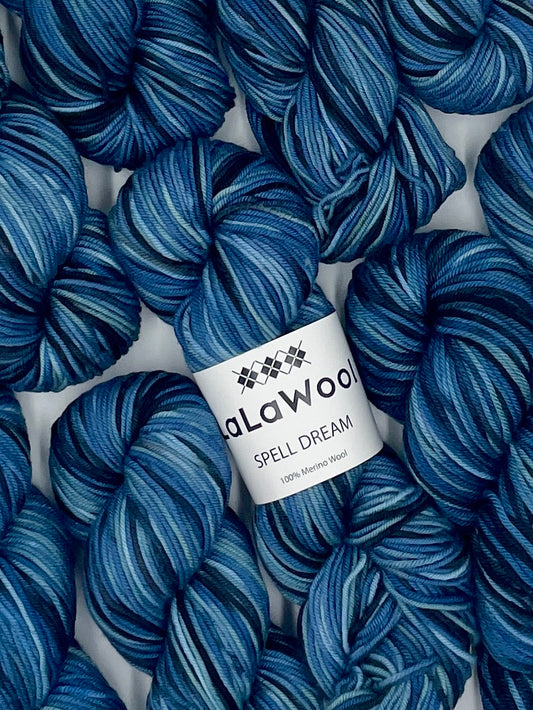 100% Australian Merino Spell Dream Worsted Yarn in Ocean Blue Colour, top view with multiple skeins with LaLaWool tag