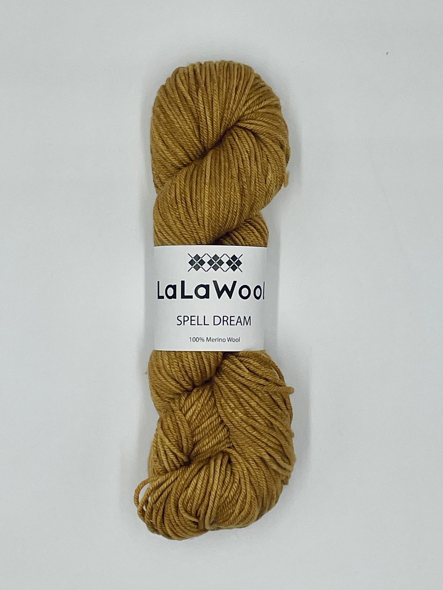 100% Australian Merino Spell Dream Worsted Yarn in Old Gold Yellow Colour, top view of one skein with LaLaWool tag